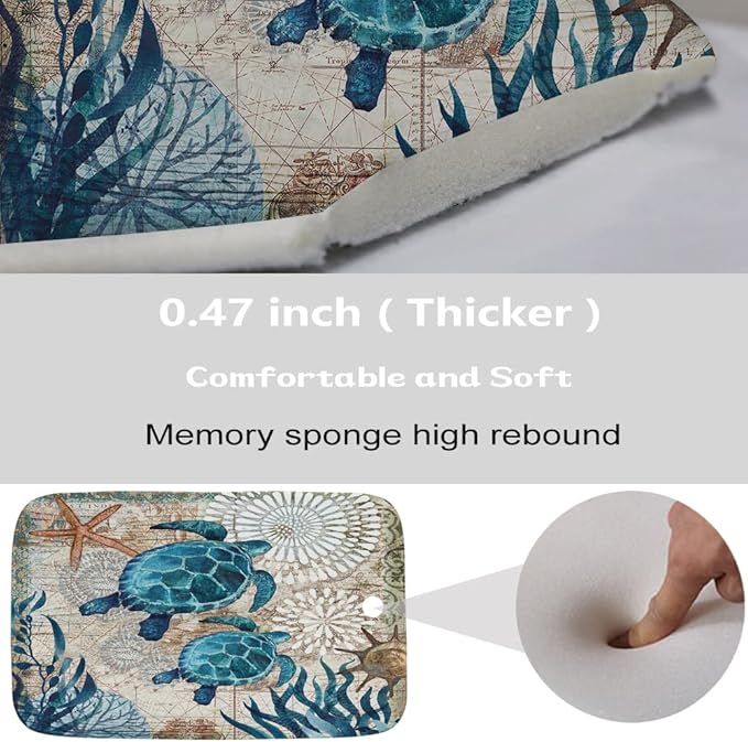 Sea Turtles Ocean Nautical Bathroom Sets with Beach Shower Curtain and 20 x 31 Rug and Accessories Decor with Memory Foam Non Slip Velvet Bath Mat and 12 Hooks 72 x 72 Inch