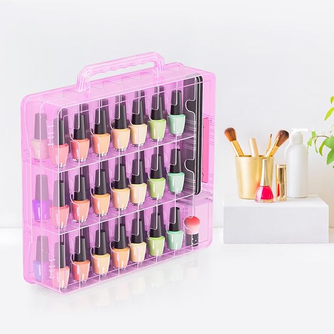 Nail Polish Organizer Pack of 2, Portable 48 Bottles Clear Nail Polish Holder with Adjustable Divider, Gel Nail Polish Storage Double Side Nail Polish Organizer Case for Nail Tech Pink