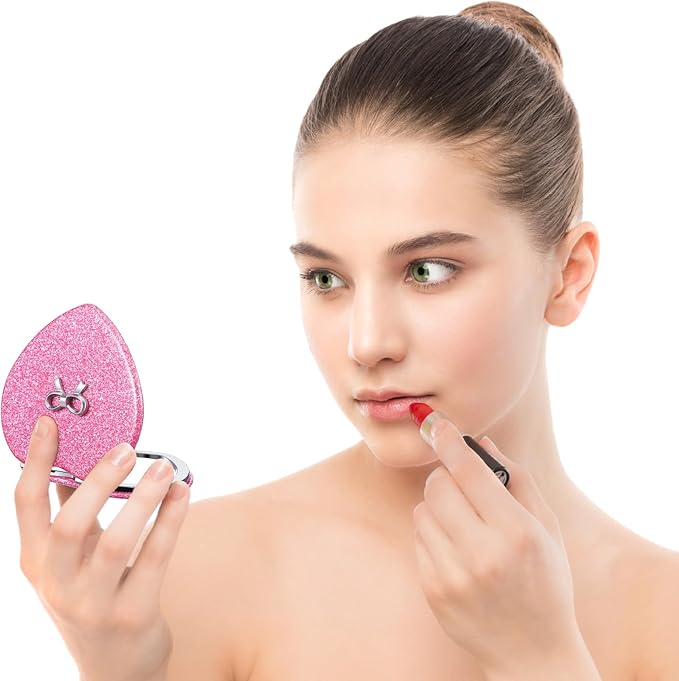 Qianyu Compact Folding Mirror Heart Shaped Double-Sided 1X/2X Magnifying Mirror Cute Mini Glitter Makeup Mirror with PU Leather Ultra-Portable Cosmetic Mirror for Women Home Office Travel (Rose red)