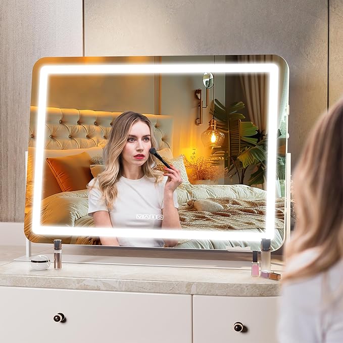 Hasipu Vanity Mirror with Lights and Bluetooth Speaker, 27.6" x 19.7" LED Makeup Mirror, Light up Mirror with 10X Magnification, USB Charging Port, Smart Touch 3 Colors Dimmable (White)