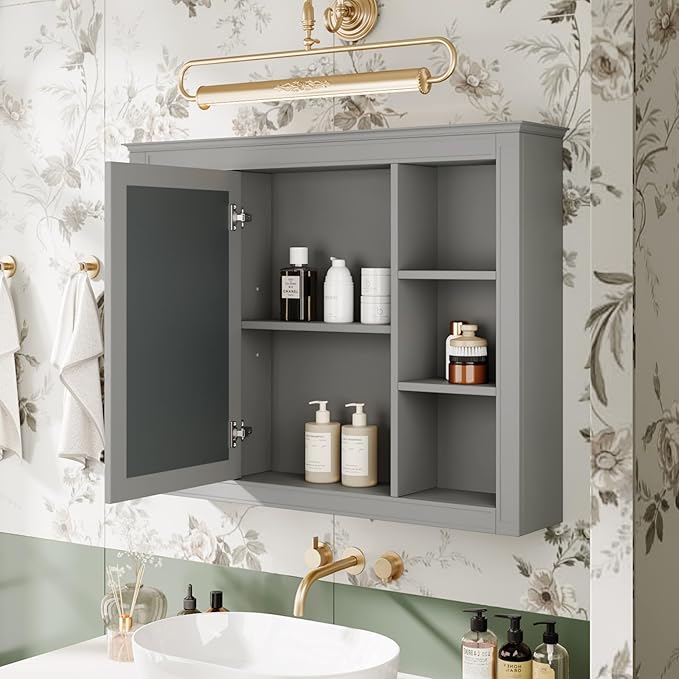 Merax 35''L Bathroom Medicine Storage Cabinet with Mirror Doors, Modern Wall Mount Toilet Organizers with 6 Open Shelves, Grey