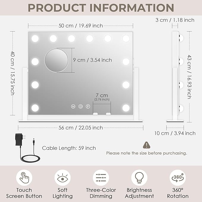 Vanity Mirror with Lights, Hollywood Lighted Makeup Mirror with 12 Dimmable LED Bulbs for Dressing Room & Bedroom, 3 Light Modes,Slim Metal Frame Design, AC-Powered, White
