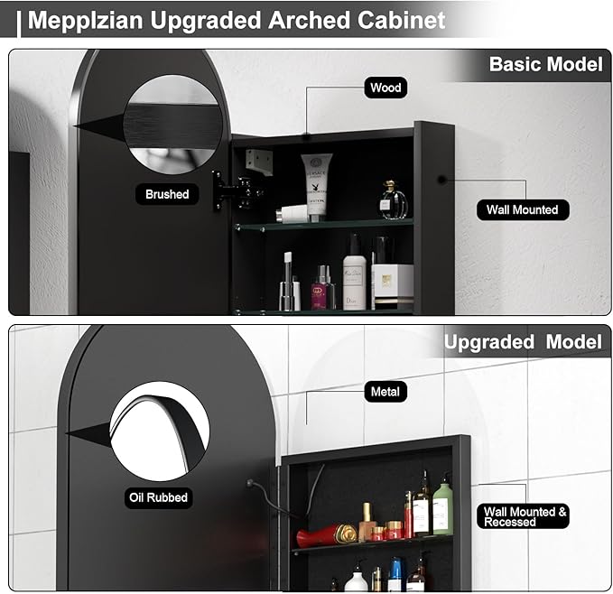 20x31 Inch Arched Medicine Cabinet with LED Mirror - Black Recessed Bathroom Storage, Dimmable Anti-Fog Lighted Mirror Cabinet, Black Arched Medicine Cabinet,Adjustable Shelves