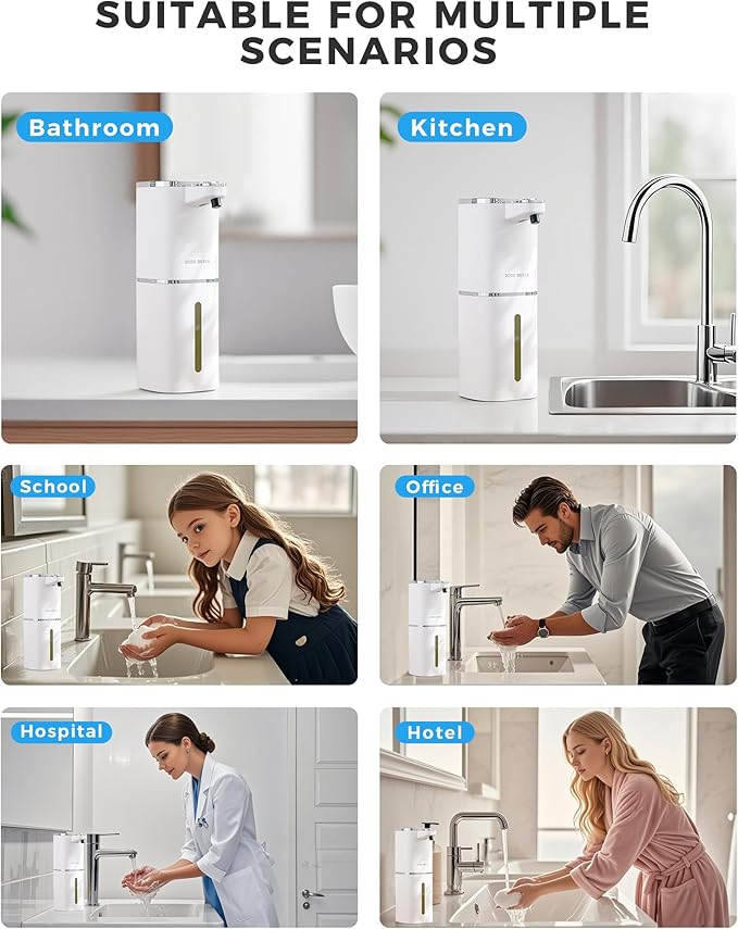 2 Pack Automatic Foaming Soap Dispenser, 400ml//13.53oz, USB Rechargeable, 9- Adjustable Foam Levels, IPX5 Waterproof, Touchless & Wall/Tabletop Use for Kitchen Bathroom, White
