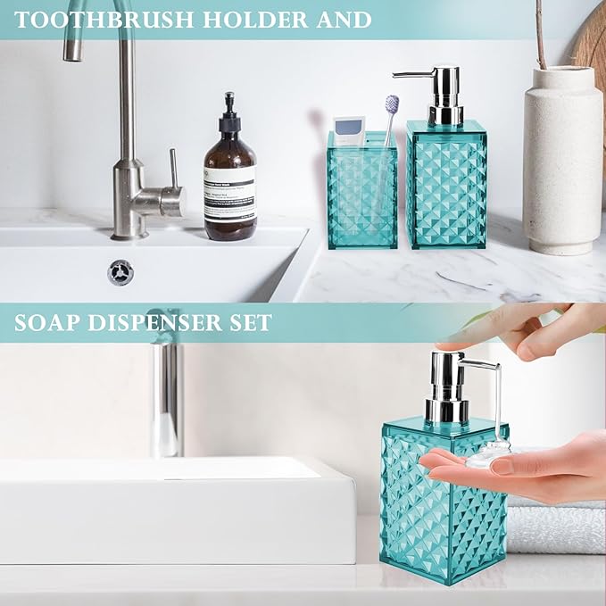 Bathroom Accessories Set 2 PCS, Teal Blue Bathroom Accessories Include Soap Dispenser and Toothbrush Holder, Diamond Pattern Bathroom Set for Boho Bathroom Decor