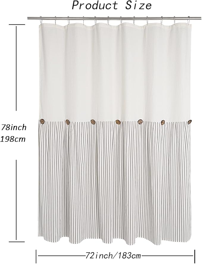 Farmhouse Shower Curtain,Beige and Gray Striped,Button Curtain,Spa Waffle and Cotton Woven Fabric,Rustic Charm Country Chic Style,72x78 in