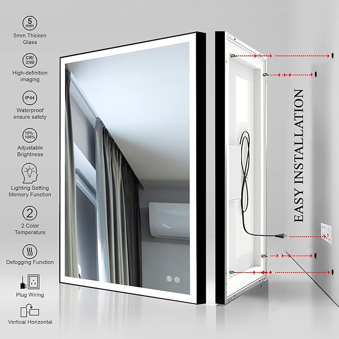 30x20 Inch LED Bathroom Mirror with Lights, Black Frame - 3 Color Modes, Touch Dimmer, Anti-Fog - Wall Mount Lighted Vanity Mirror for Makeup, Dressing Room - Fab Glass and Mirror