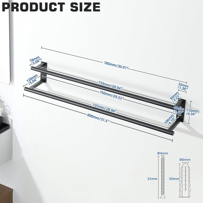 Alise Double Towel Bars for Bathroom,Wall Mount Towel Holder Towel Racks for Bathroom Lavatory,SUS304 Stainless Steel Towel Hanger Towel Rails,Matte Black,32 inch