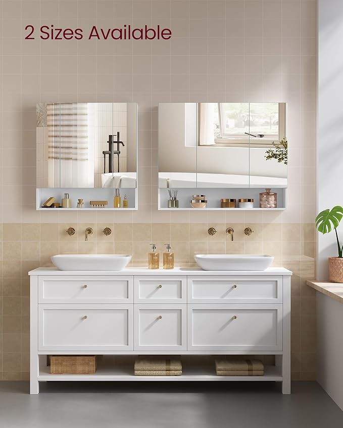 VASAGLE KAILYN Collection - Medicine Cabinet Mirror, Bathroom Wall Mirror Cabinet with Storage, Open Compartment, Adjustable Shelves, 6.5 x 35.4 x 29.5 Inches, Cloud White UBBK130W01