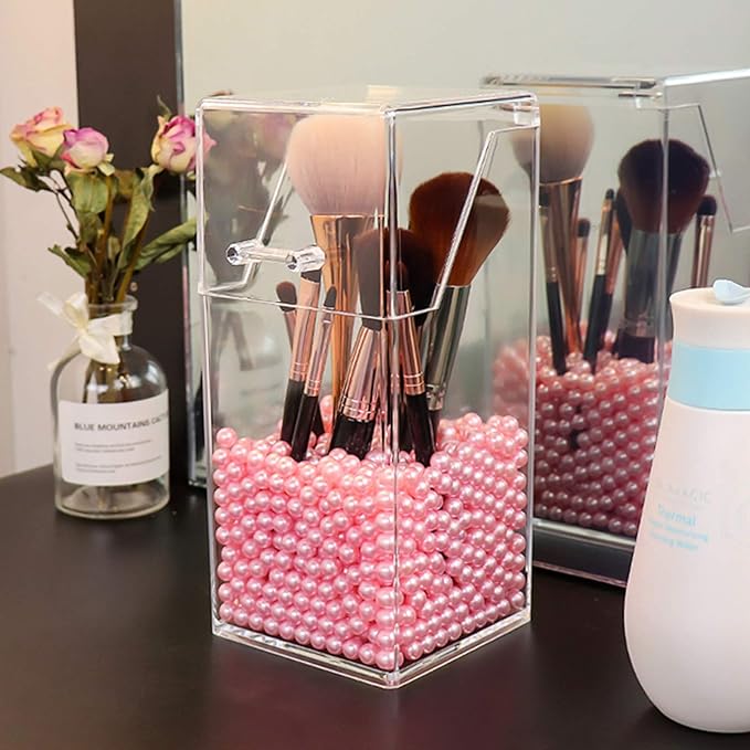 Makeup Brush Holder With Lid Cosmetic Brush Organizer Display Case Dustproof Cosmetics Brush Storage Container with Free Pearls