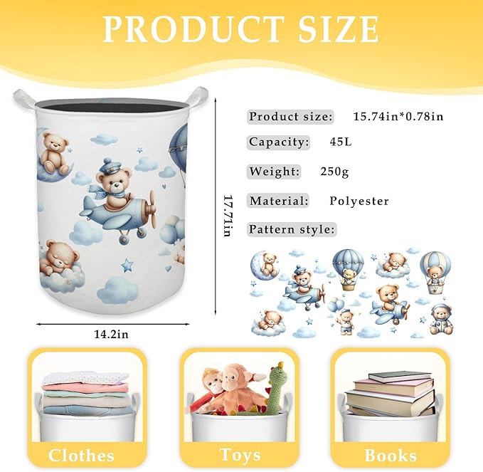 Baby Nursery Laundry Basket, Toybox for Boys Girls Room, Cute Blue Bear Laundry Basket Hamper Waterproof Collapsible Clothes Toys Storage Bin Organizer for Kids Room Playroom Bedroom Bathroom