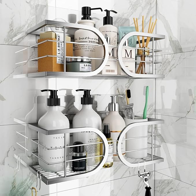 Shower Caddy No Drill Wall Mounted 304 Stainless Steel Durable Large Capacity Adhesive Shower Rack Organiser Quick Dry Rustproof Bathroom Storage Shelves - 2 Pack (Silver)
