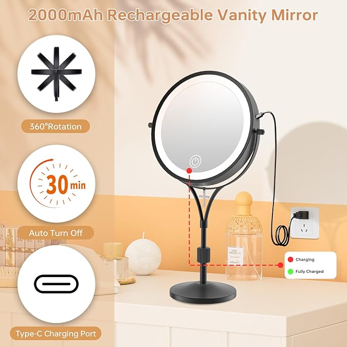 Lighted Makeup Mirror with Magnification, 1x/10x Magnifying Mirror with 3 Color and Blessed Cross, 7" Rechargeable Brightness Dimmable Height Adjustable Vanity Mirror, Christian Women Gift