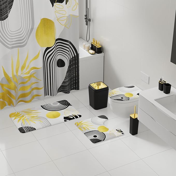 Bathroom Accessories Set - 27PC Bathroom Sets with Shower Curtain and Rugs, Black Bathroom Set, Black Bathroom Accessory Set with Trash Can, Toilet Brush & 3 PC Soap Dispensers