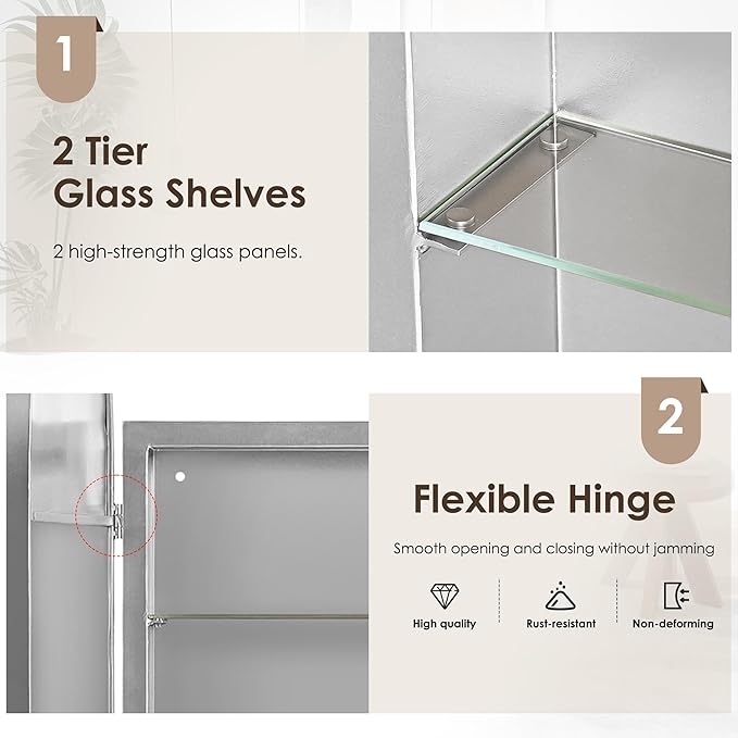 DlandHome Bathroom Medicine Cabinet with Mirror, 24”x16” Recessed Medicine Cabinet for Bathroom with Beveled Edge Mirror, Wall Mounted Deep Set Alumiunm Frame,Silver