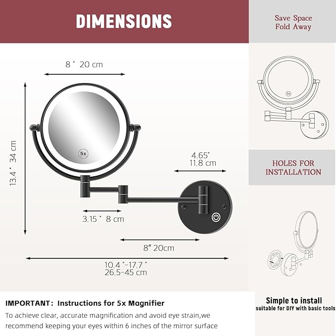 Upgraded Rechargeable Brass Wall Mounted Makeup Mirror with Light 1X/5X Magnifying, Cordless 3-Colors LED Touch Dimmable Extended Arm 360 Rotation Vanity Mirror for Bathroom, Matt Black