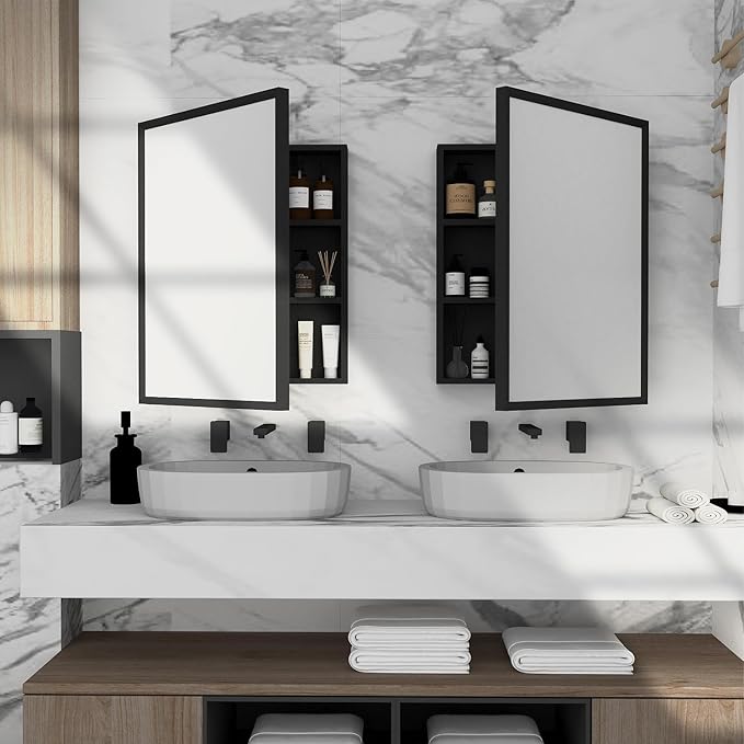 24”x16” Recessed Wood Medicine Cabinet with Mirror for Bathroom – Wall-Mounted Wooden Bathroom Cabinet with Adjustable Storage Shelf (Black, 16“x24)