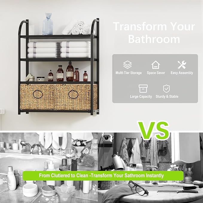Zhongma Wall Mounted Metal Bathroom Shelves with 2 Baskets, 4-Tier Bathroom Organizer and Storage Over Toilet, Slate and Weave