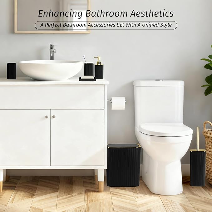 Bathroom Accessories Set - 21PCS Black Bathroom Set with Blue Shower Curtain, Rugs, Trash Can, Soap Dispenser, Soap Dish, Toilet Brush, Toothbrush Holder, Tumbler Cup, Tissue Box, Q-tip Holders