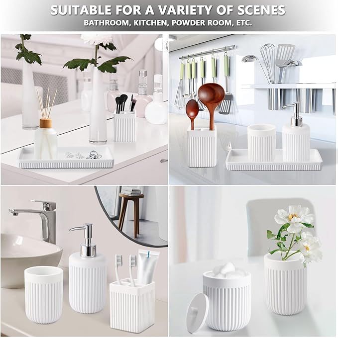 XLHOMO Resin White Bathroom Accessories Set 5 Pcs, Lotion Soap Dispenser, Toothbrush Holder, Bathroom Tumbler, Qtip Holder and Vanity Tray, Bathroom Countertop Organizer Set for Modern Home Apartment