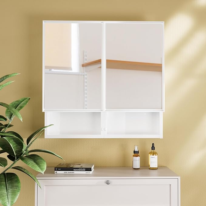 32 x 26 Inches Bathroom Medicine Cabinet with Mirror, Double Door Wall Mounted Mirror Cabinet, Surface or Recessed Mount White Bathroom Storage Cabinet