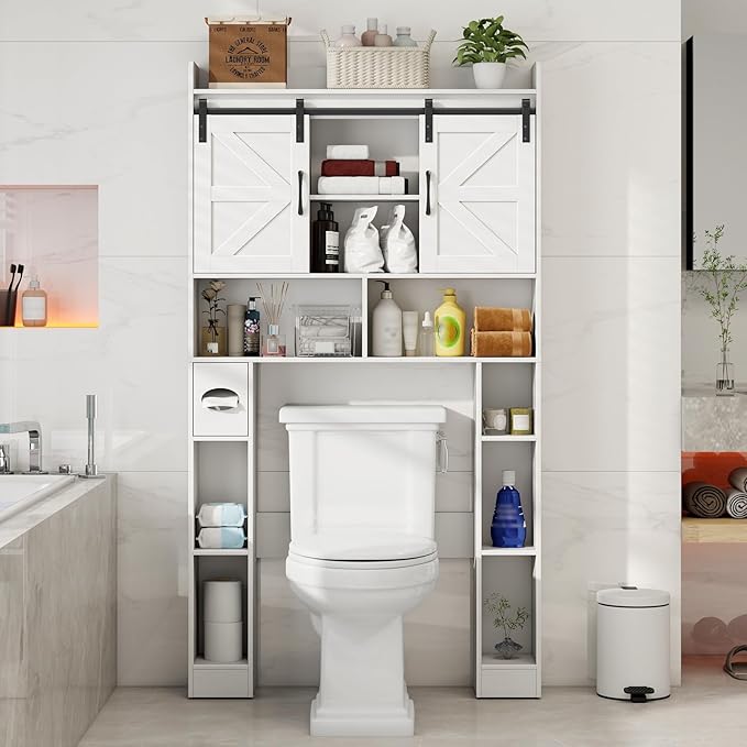 Vabches Farmhouse Storage Cabinet Over Toilet with Sliding Doors, Home Space-Saving Toilet Rack, Over The Toilet Storage Cabinet, Open Storage Shelf, for Bathroom, Laundry, Restroom.White