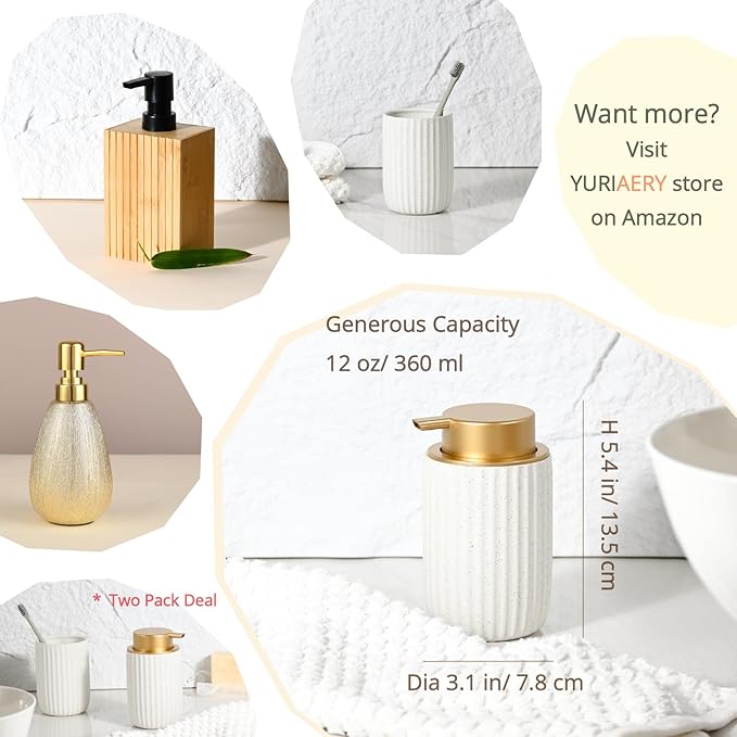 2 Pack Speckled Matte White Ceramic Foam Soap Dispenser, 12 oz Refillable Pump with Golden Top, Elegant Foaming Dispenser for Bathroom or Kitchen, Speckled White
