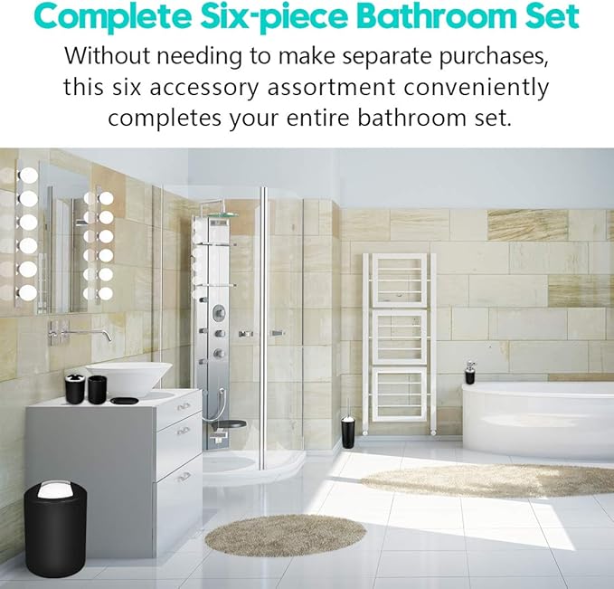 Papillon 6-Piece Bathroom Accessories Set, Toothbrush Holder with Cup, Soap Dispenser & Dish, Toilet Brush, Trash Can, Tumbler Set (Black)