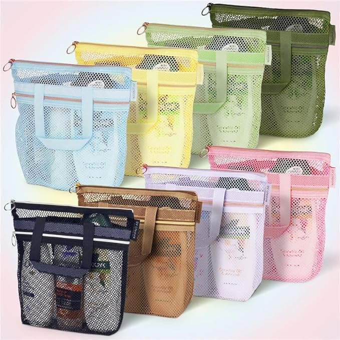 DV Lifestyle Mesh Shower Bag 10.2x9.9'' Quick-Dry Caddy with Zipper & 2 Pockets. Portable Toiletry Tote for Bathroom, Gym, Travel, Camp, Beach, for Sunscreen, Dorm & College Essentials (Black)
