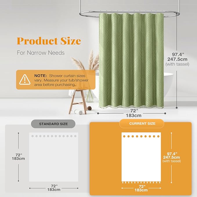 BTTN Extra Long Shower Curtain - 72x96 Boho Tufted Leaves Textured Striped Tassel Shower Curtain Set with 12 Hook, Modern Farmhouse Minimalist Vintage Aesthetic Shower Curtain for bathroom, Sage Green