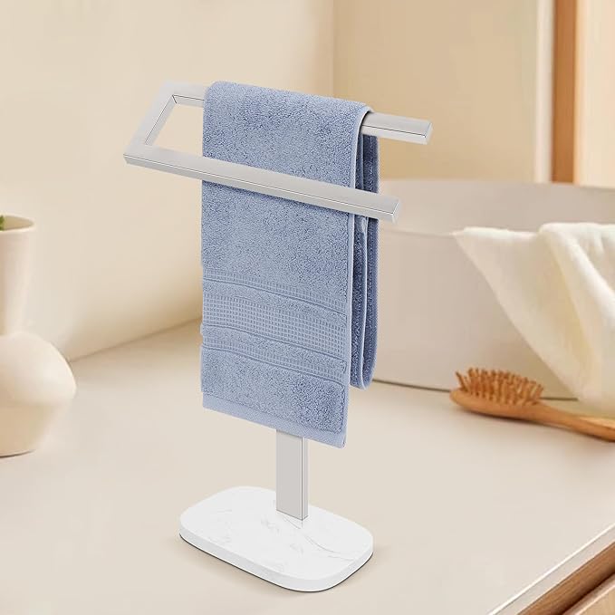 Livabber Standing Hand Towel Holder, 304 Stainless Steel Hand Towel Rack Stand with Heavy Marble Base, Bath Accessories, Towel Ring for Bathroom Kitchen Countertop, 14 Inch (Chrome)