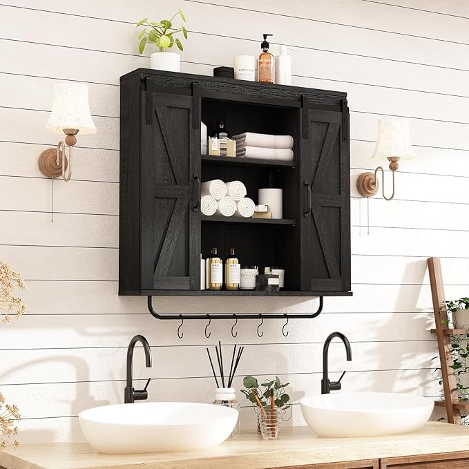 RUSTOWN Rustic Wood Wall Storage Cabinet with Two Sliding Barn Door, 3-Tier Decorative Farmhouse Vintage Cabinet for Kitchen Dining, Bathroom, Living Room,Black