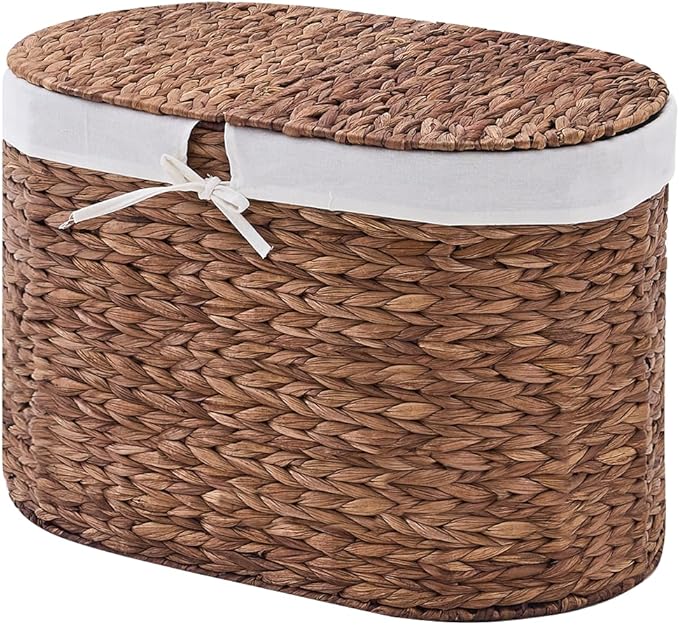 Laundry Hamper with Lid, Handwoven Water Hyacinth Clothes Hamper with Removable Liner Bags, 2 Section Wicker Laundry Basket for Bedroom, Laundry Room and Bathroom (Espresso, 70L)