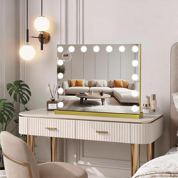 Vanity Mirror with Lights, 23"×18" Large Hollywood Makeup Mirror with 15 Dimmable Bulbs, 3-Color Lighting, Dimmable, 10x Magnification, Desk Mirror, Bedroom (Gold)
