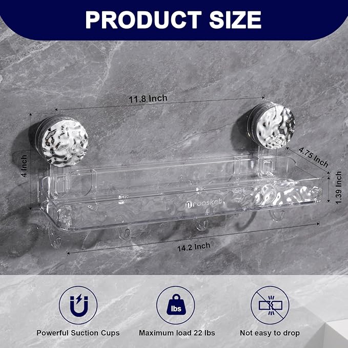 Suction Cup Shower Caddy, Corrugated Suction Cup Storage Holder, No Drilling Bathroom Organizer with 4 Removable Hooks, Shower Shelves for Inside, Clear