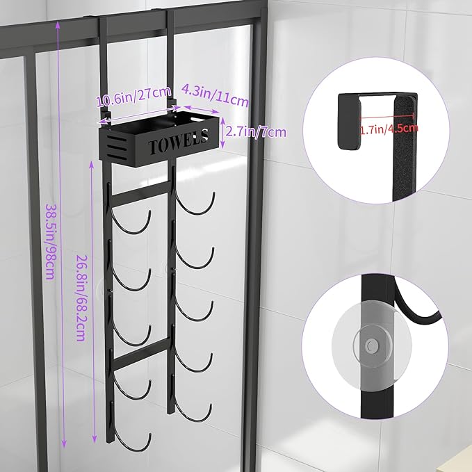 STWWO 6 Tier Over The Door Towel Racks for Bathroom, Wall Mount Bathroom Towel Storage with Basket, Over The Door Towel Holder for Roll Towels, Small Bathroom, RV, Camper, Black