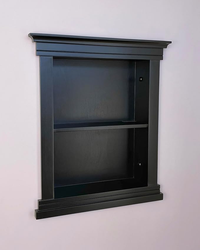 Fox Hollow Furnishings 14x18 Elliot Craftsman Recessed Wood Wall Niche, Open Medicine Cabinet Replacement, in The Wall Bathroom Cabinet Insert Shelves, Made in North America, NO MDF, Plain, Black