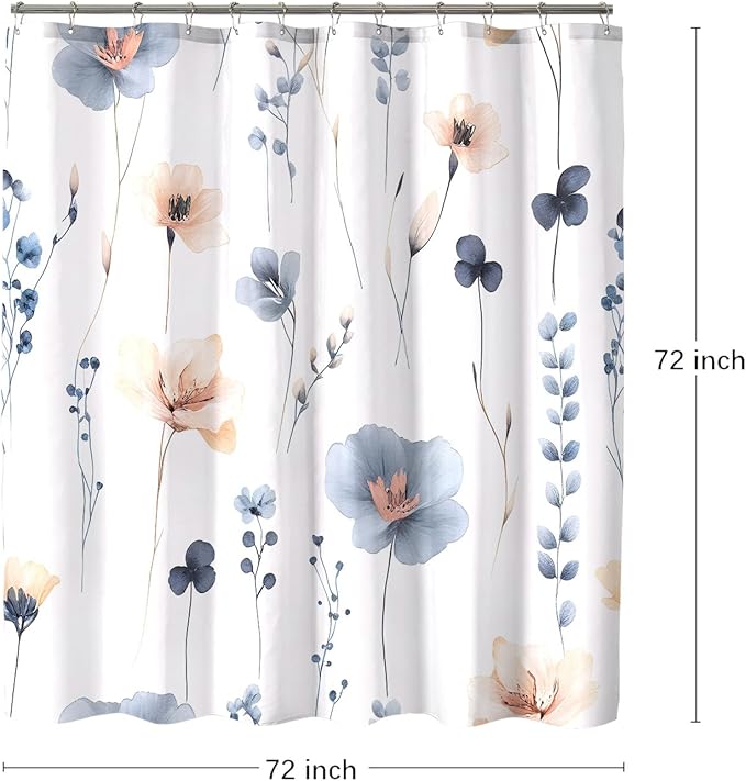 Blue Beige Floral Shower Curtain, Watercolor Flower Shower Curtains for Bathroom, Modern Minimalist Waterproof Fabric Bath Decoration 72x72 Inch