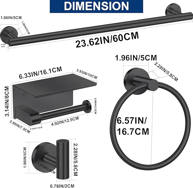 5 Pieces Bathroom Hardware Accessories Set Matte Black, 24Inch Round Towel Racks Set for Bathroom, SUS304 Stainless Steel Towel Bar Set, Toilet Paper Holder with Shelf Wall Mounted