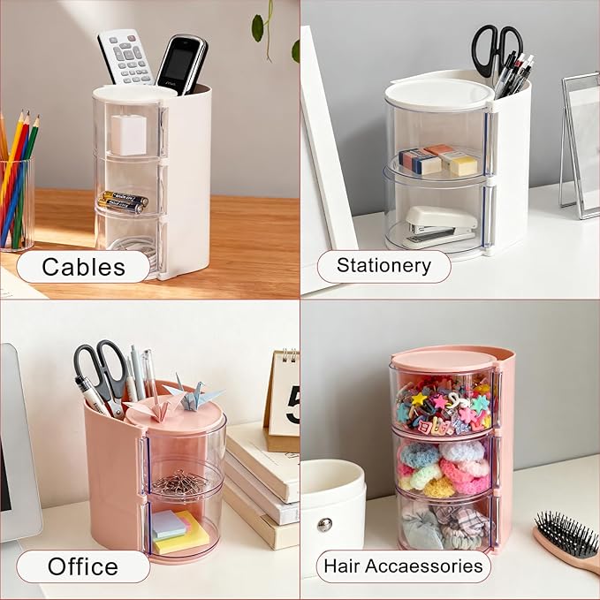 Pink Hair Accessories Organizer & Hair Brush Holder, 3-Layer Clear Hair Accessory Organizer Rotatable Small Jewelry Box for Clip Earring Necklaces, The Latest Gift for A Girl. Hair Caddy