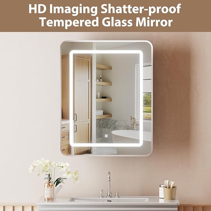 LOVMOR Led Medicine Cabinet with Mirror, Bathroom Vanity Mirror Cabinet with Shelves, 3-Color Lights Dimmer, Silver 30" H x 20" W