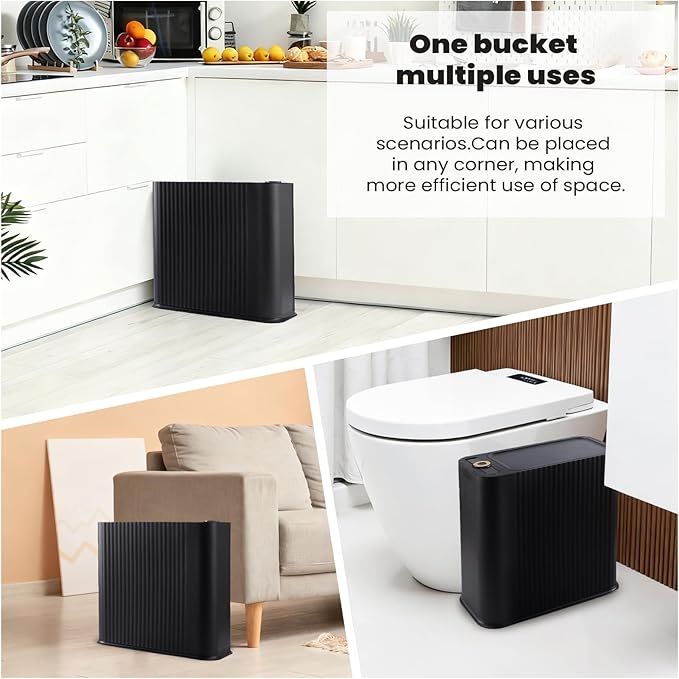 XLHOMO Black and Gold Bathroom Accessories Set - 9 Piece Complete Organization Kit with Slim Pop-up Trash Can, Toilet Brush, Lotion Dispensers, Jars & Soap Dish - Modern Matte Stripe Bathroom Decor