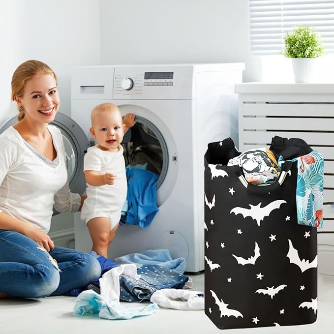 CaTaKu Bats Star Black Baby Laundry Baskets Collapsible, Large Tall Clothes Hampers for Kids Laundry Room Organizer Foldable Storage Bins with Handles