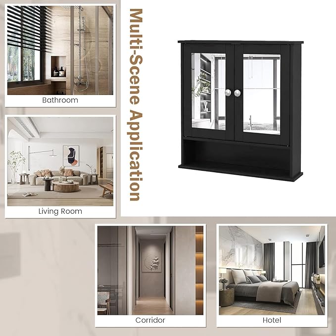 COSTWAY Bathroom Cabinet Wall Mount, Wooden Medicine Cabinet with 2 Mirror Doors, Adjustable Shelf, Open Compartment, for Laundry, Living Room, Kitchen, Black
