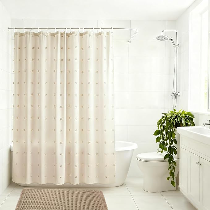 5 Pcs Boho Farmhouse Bathroom Shower Curtain Set Non Slip Waterproof Neutral Shower Curtain with Towel Cream, Waffle Bath Mat 12 Hooks for Bathroom Decoration, 71 x 71 Inch
