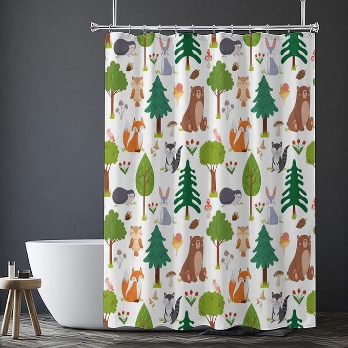 Kids Baby Woodland Shower Curtain Animals Cartoon Girls Children's Cute Cartoon Funny Colorful Weeds Plants Fox Waterproof Fabric Bathroom Decor 72x72 Inches(183x183cm), Style-12