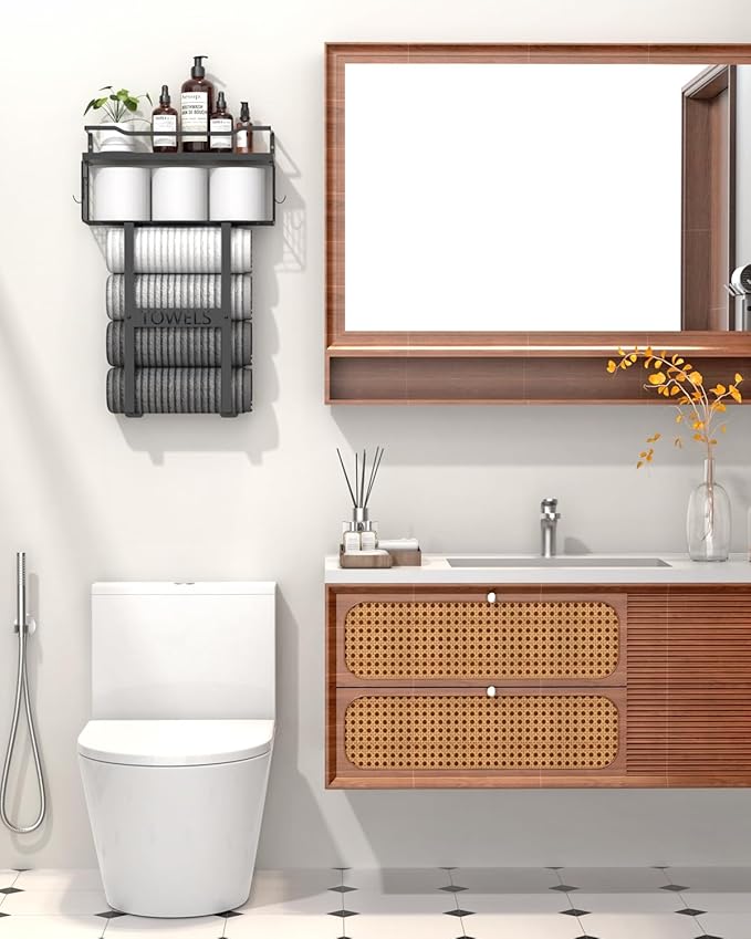 Wall Mounted Towel Rack for Bathroom - Bath Storage Holder Set Above Toilet, Rolled Towel Shelf Organizer, Wood Vertical Rack for Small Bathroom Decor, Black