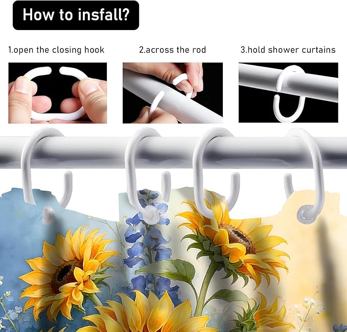 AZHM Watercolor Sunflower Shower Curtain Set 4 PCS Rustic Yellow Blue Floral Bathroom Accessory Sets with Non-Slip Bath Rugs, Toilet Lid Cover and U-Shaped Mat