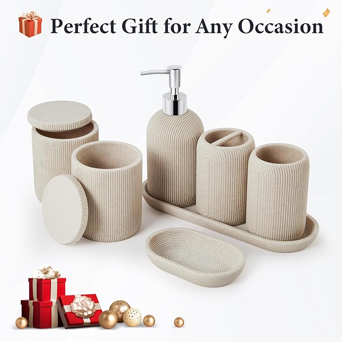 Bathroom Accessories Set - 7-Piece Resin Bathroom Set, Toothbrush Holders for Bathrooms, Soap Dispenser, Qtip Holder Dispenser, Tumbler, Soap Dish & Tray(Beige