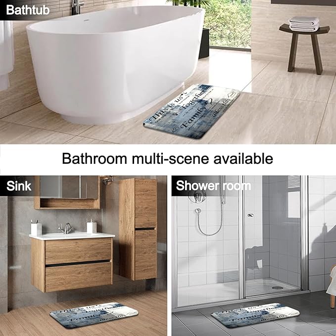 Lnond 4Pcs Bathroom Shower Curtain Sets with Rugs,Navy Blue and White Motivational Home Family Bathroom Sets with Shower Curtain and Rugs and Accessories